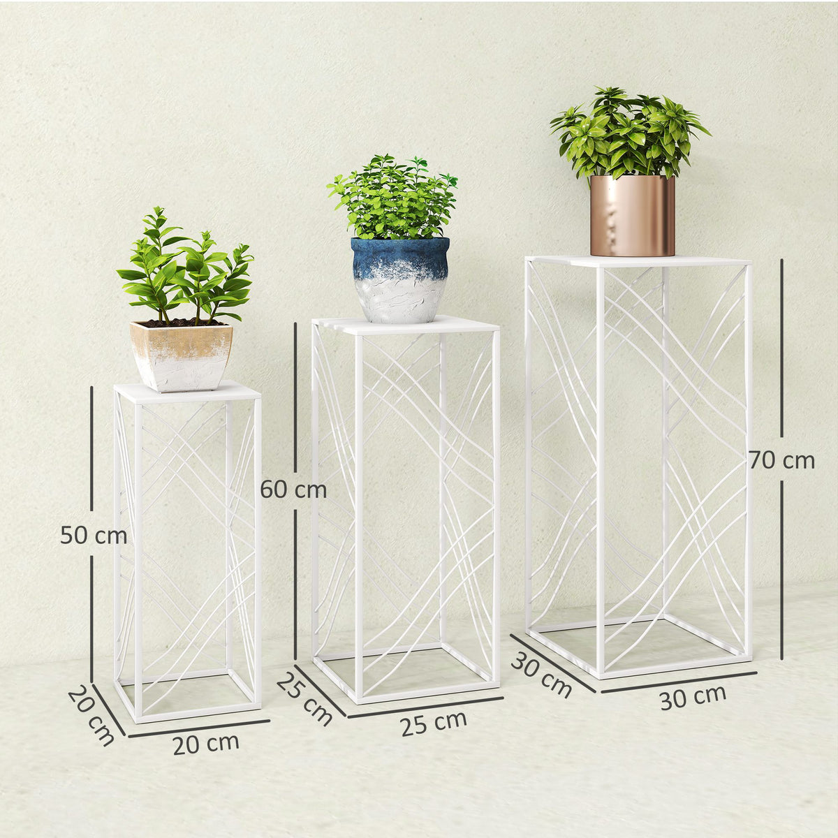 Pinottavat metalliset kukkajakkarat, 3 kpl, 50/60/70 cm, valkoinen