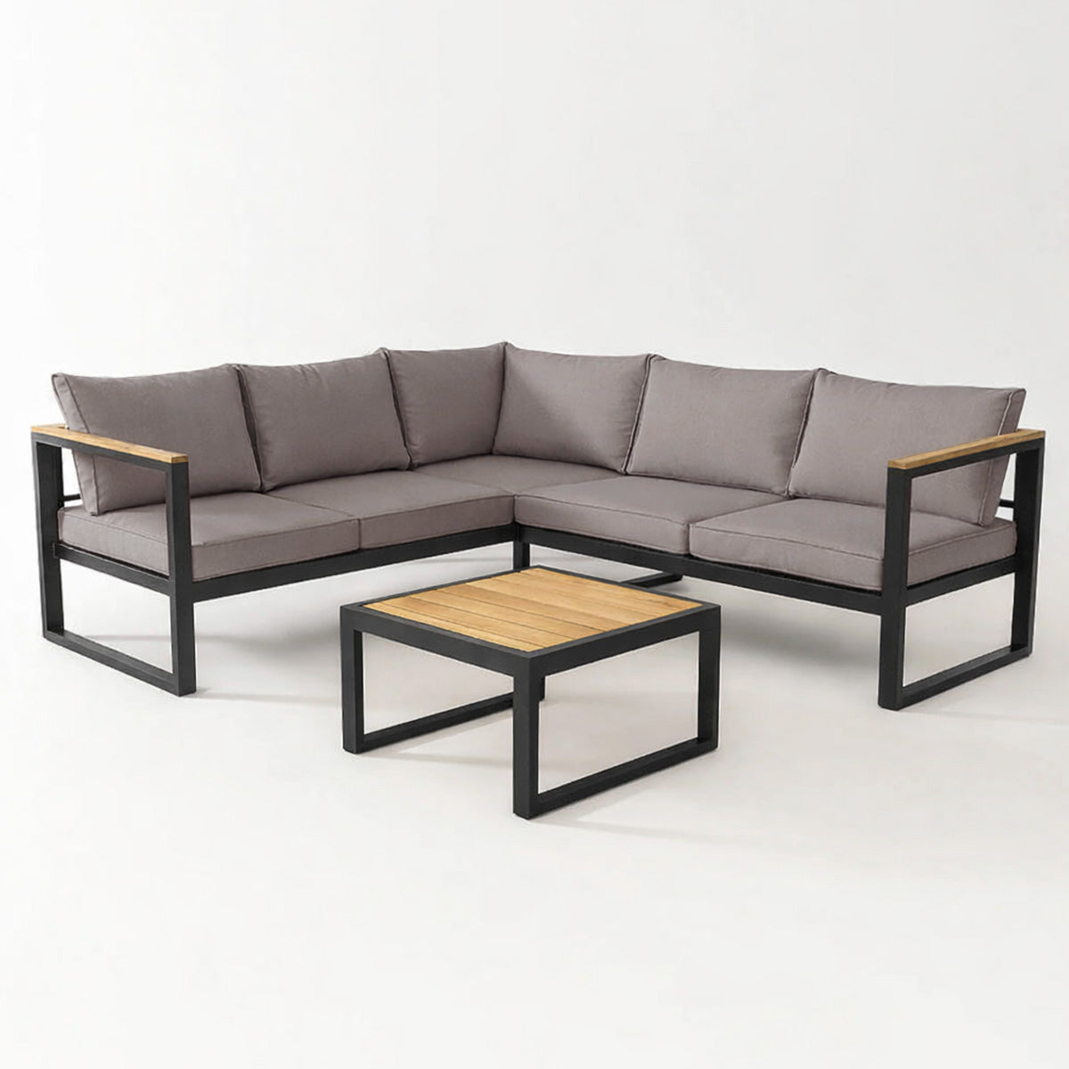 Kulmasohvaryhmä 195 x 195 cm SIIRI – alumiinirunko, polywood-pöytä, 10 cm tyynyt