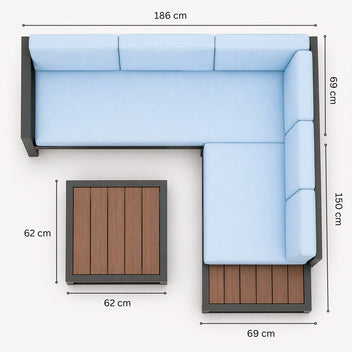 Hörnsoffa 3+2 med bord – aluminiumram, bordsskiva i polywood, 10 cm stoppning