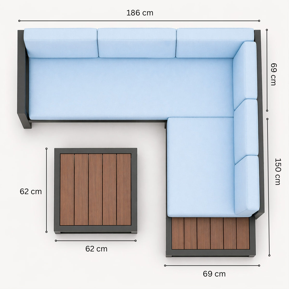 Ulkokulmasohva 3+2 pöydällä – alumiinirunko, polywood-pöytälevy, 10 cm pehmusteet