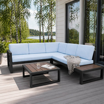 Hörnsoffa 3+2 med bord – aluminiumram, bordsskiva i polywood, 10 cm stoppning