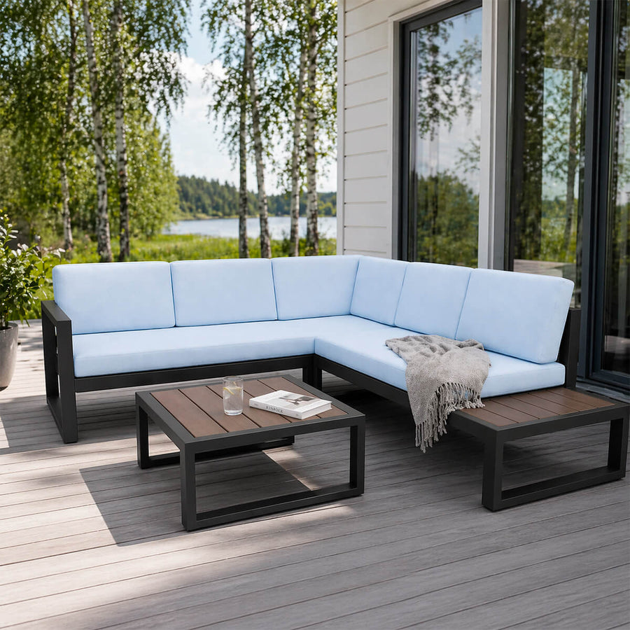 Hörnsoffa 3+2 med bord – aluminiumram, bordsskiva i polywood, 10 cm stoppning