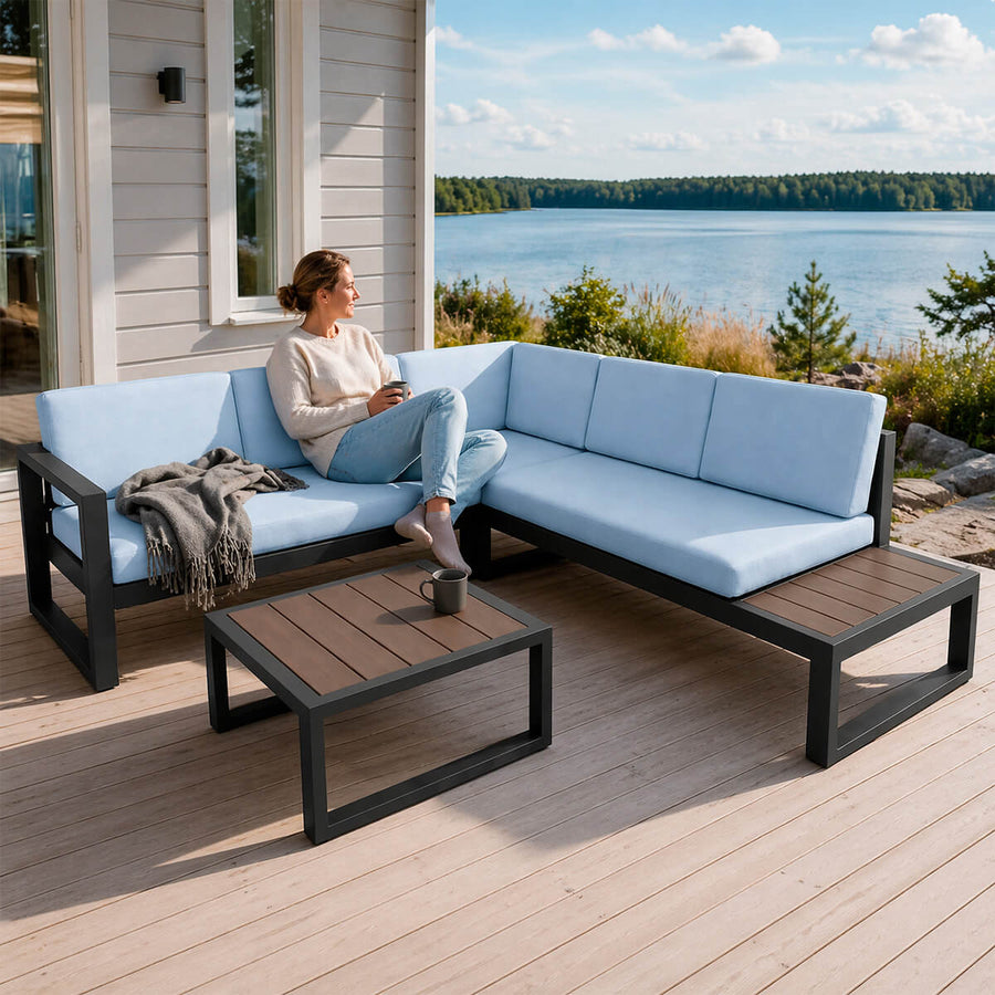 Hörnsoffa 3+2 med bord – aluminiumram, bordsskiva i polywood, 10 cm stoppning