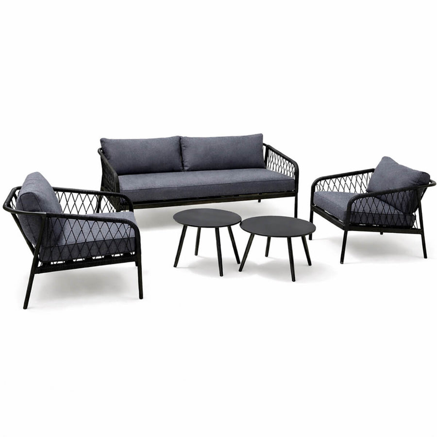 Ute soffgrupp 5-delad – 3-sits soffa, 2 stolar, 2 bord, svart