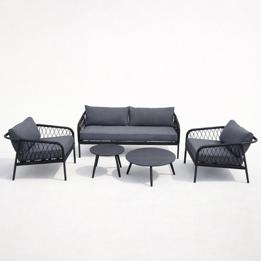 Ute soffgrupp 5-delad – 3-sits soffa, 2 stolar, 2 bord, svart