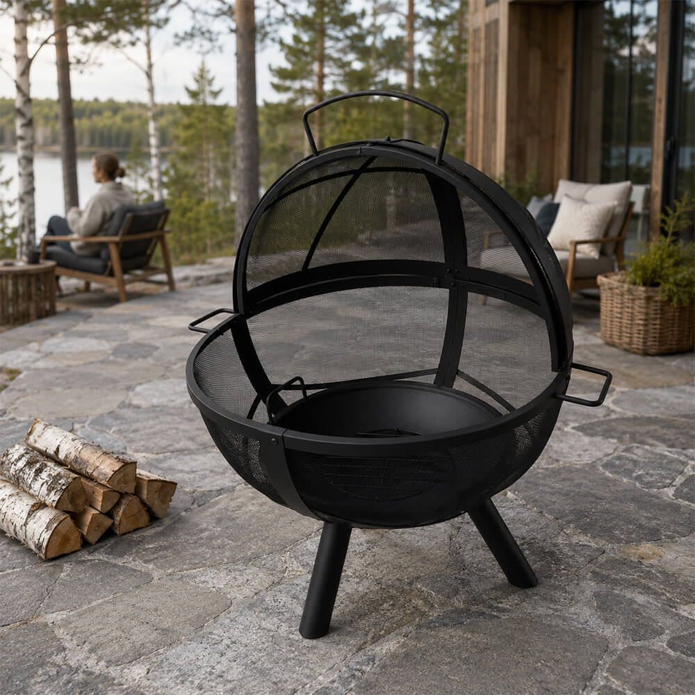 Ulkotulisija kannella 79,5 x 79,5 x 89,5 cm – kipinäsuojaverkko, teräs, musta