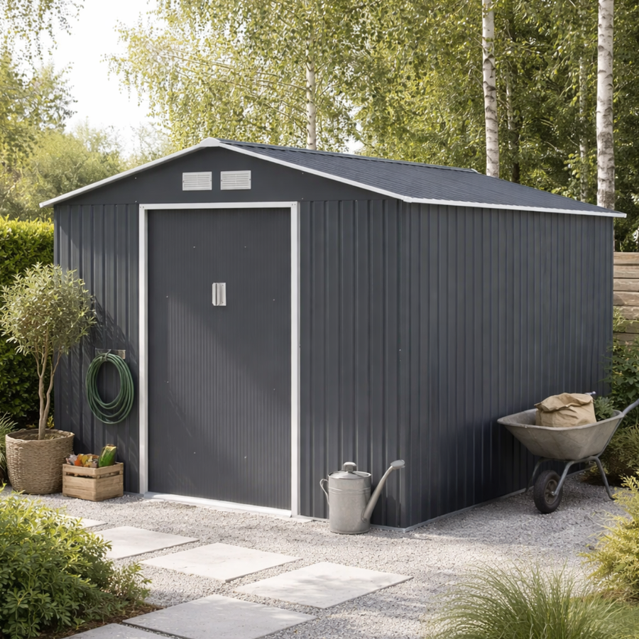 Trädgårdsskjul 8,8 m² – galvaniserat stål, 96 x 154 cm skjutdörrar, sockel