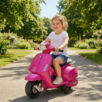 Lasten sähkömopo Vespa 6V tukipyörillä, ajovalo ja äänitorvi, 2,5 km/h, 2–4 v, pinkki