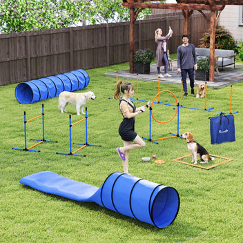 Koiran agility-setti 11 osaa: 2 tunnelia, esteet, rengas ja pujottelukepit, säädettävä, oranssi