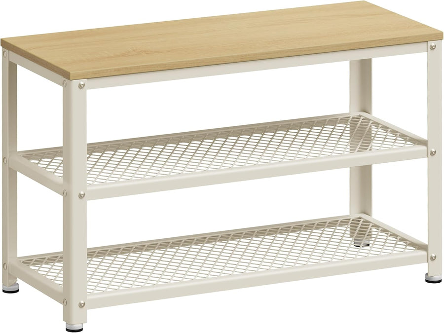 VASAGLE kenkäpenkki istuimella ja kahdella hyllyllä, 30 × 73 × 45 cm, teräsrunko, tammi beige / valkoinen