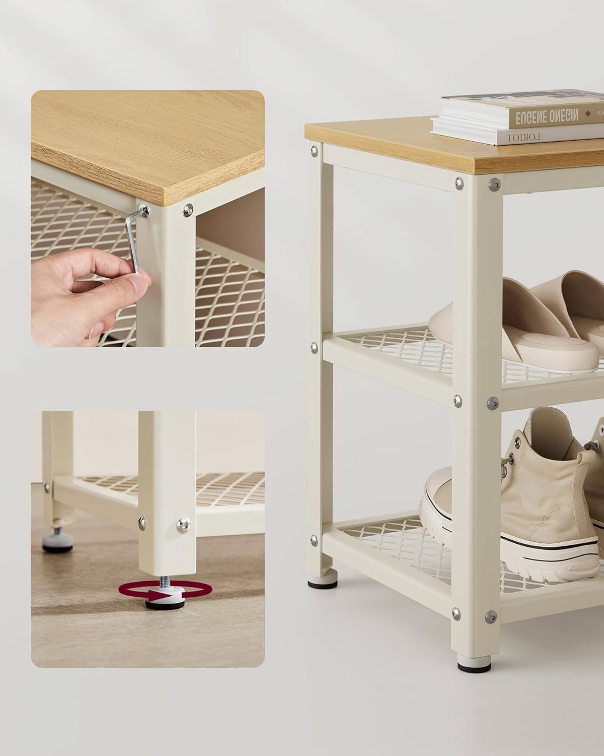 VASAGLE kenkäpenkki istuimella ja kahdella hyllyllä, 30 × 73 × 45 cm, teräsrunko, tammi beige / valkoinen