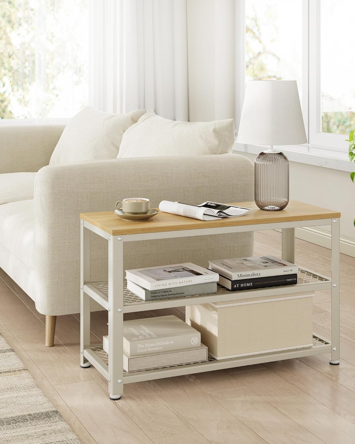 VASAGLE kenkäpenkki istuimella ja kahdella hyllyllä, 30 × 73 × 45 cm, teräsrunko, tammi beige / valkoinen