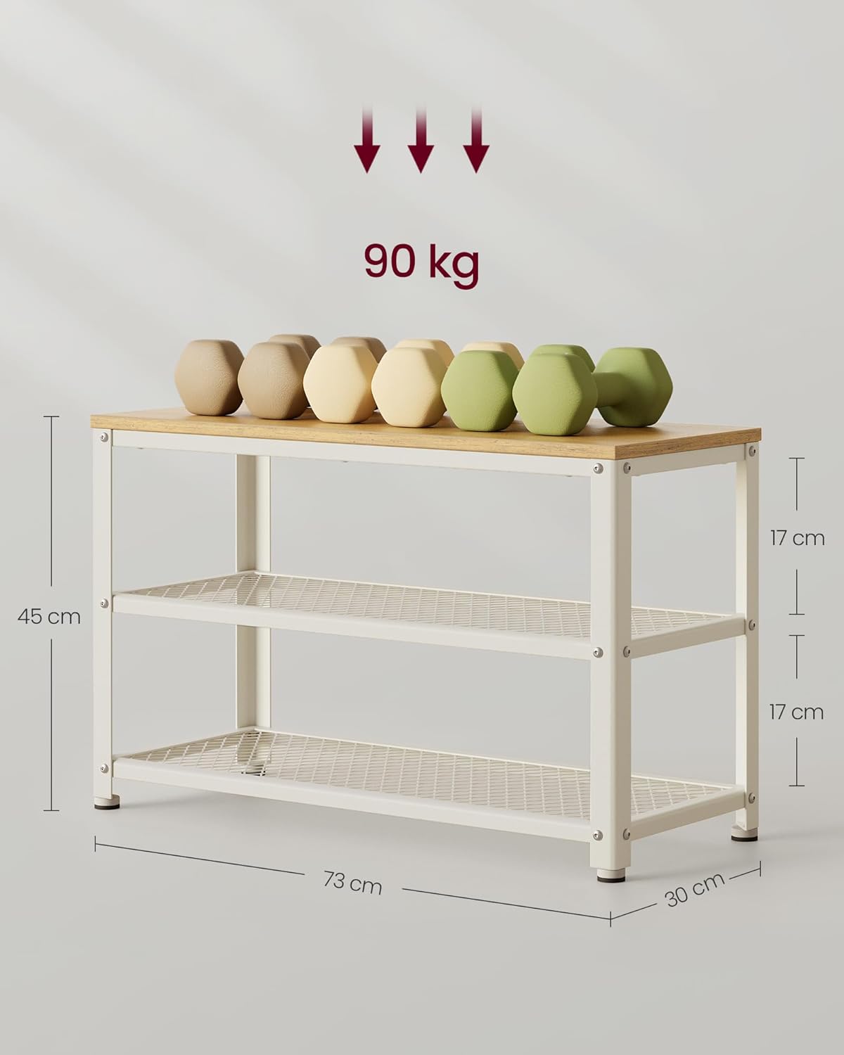 VASAGLE kenkäpenkki istuimella ja kahdella hyllyllä, 30 × 73 × 45 cm, teräsrunko, tammi beige / valkoinen