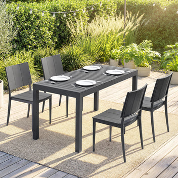 Ruokailuryhmä neljälle pinottavilla tuoleilla, säledesign, 141,5 cm, tummanharmaa