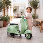 Lasten sähkömopo Vespa litiumakulla, tukipyörät, pehmeä lähtö, USB ja musiikki, 3 v+, vihreä