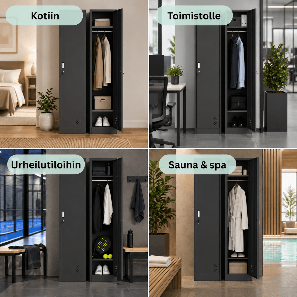 Metallinen vaatekaappi 180 cm, 1-ovinen ja lukittava – musta