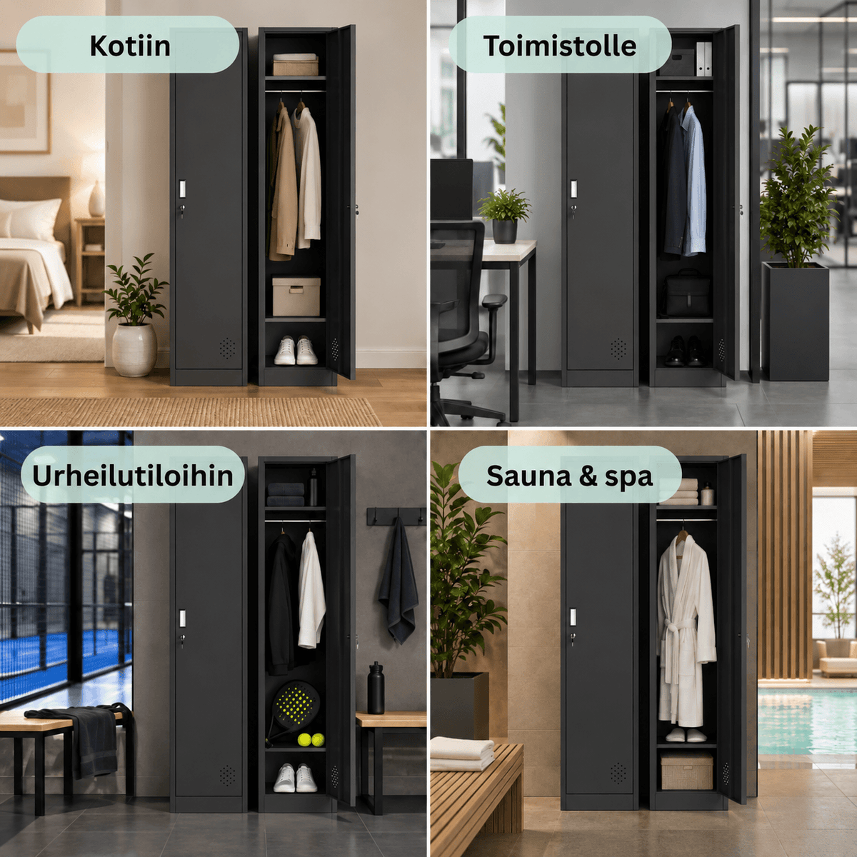 Metallinen vaatekaappi 180 cm, 1-ovinen ja lukittava – musta