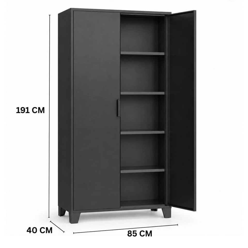 Metallinen vaatekaappi 191 x 85 x 40 cm, 2 ovea ja 4 hyllyä – musta