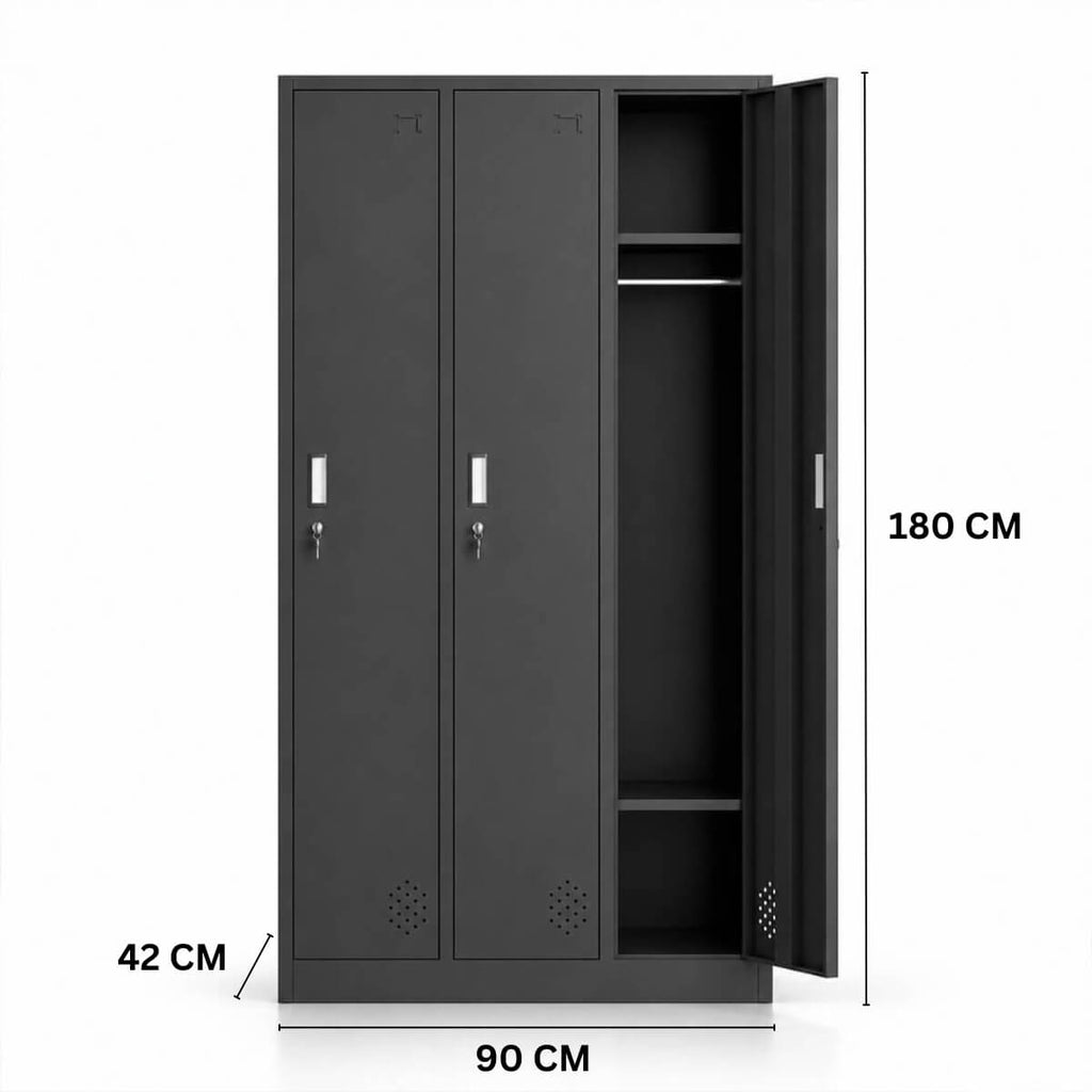 Metallinen Vaatekaappi 3 ovea 90 x 42 x 180 cm, lukittava – musta