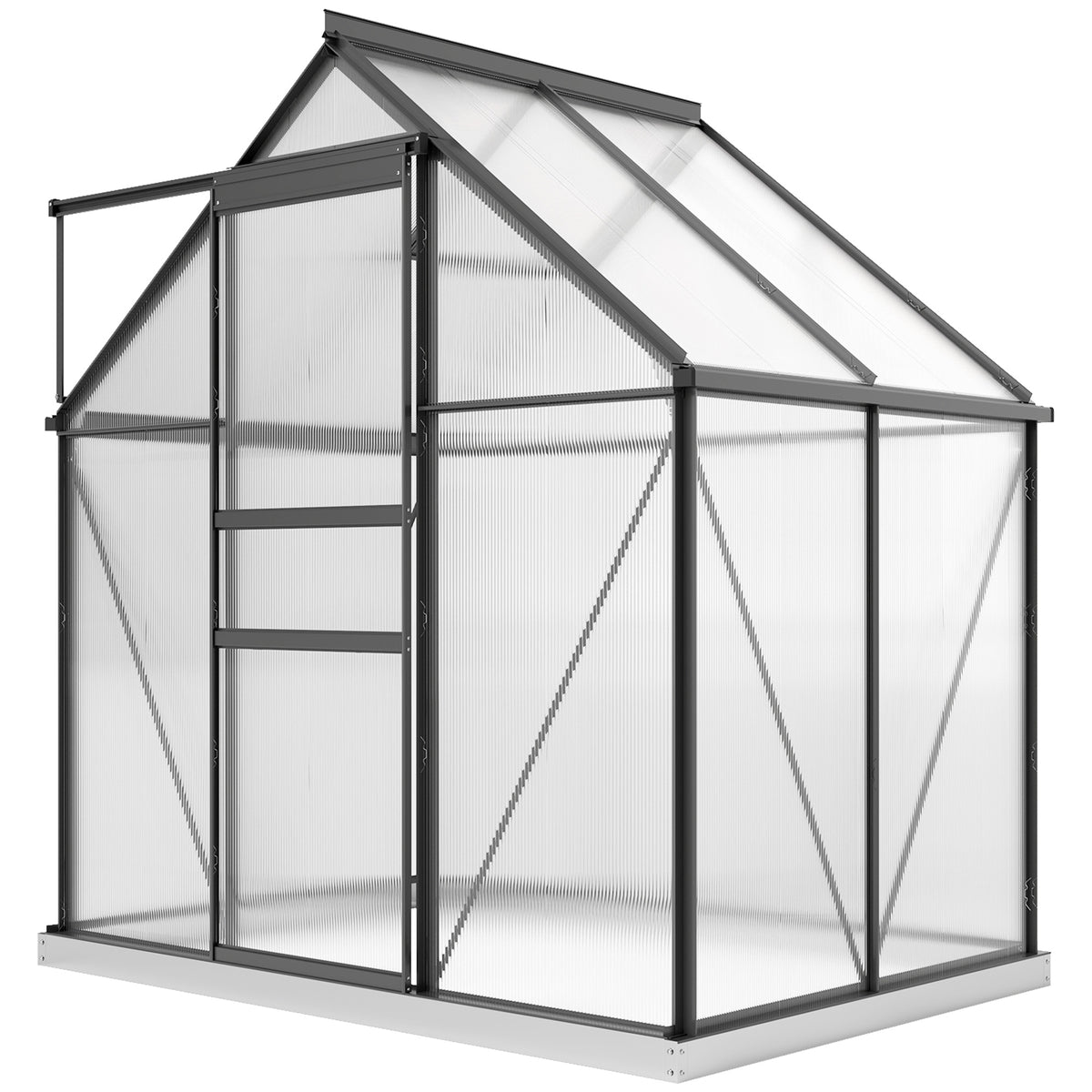 Alumiininen polykarbonaattikasvihuone perustuksella ja kattoikkunalla, 2,5 m², harmaa
