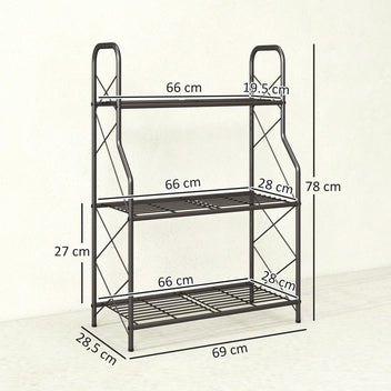 Kolmitasoinen metallinen kukkateline ritilähyllyillä, 78 cm, musta