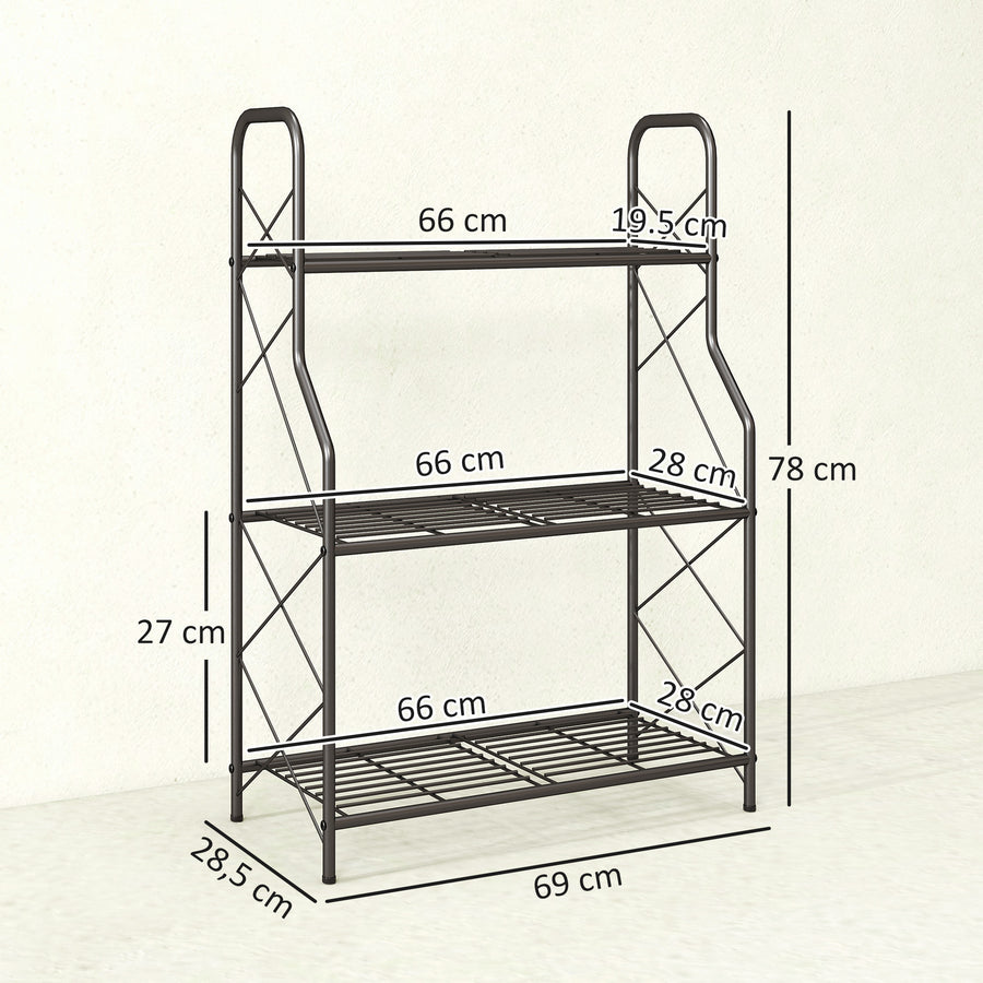 Kolmitasoinen metallinen kukkateline ritilähyllyillä, 78 cm, musta