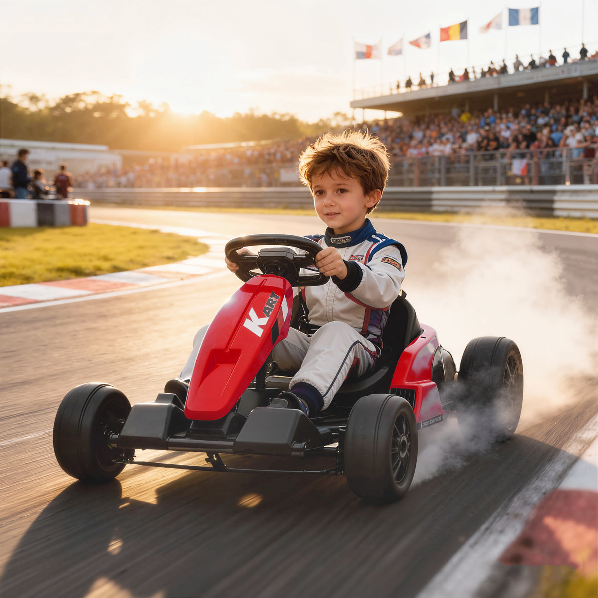 Lasten sähkökartingauto 24V driftitilalla, 6–18 km/h, säädettävä istuin, punainen