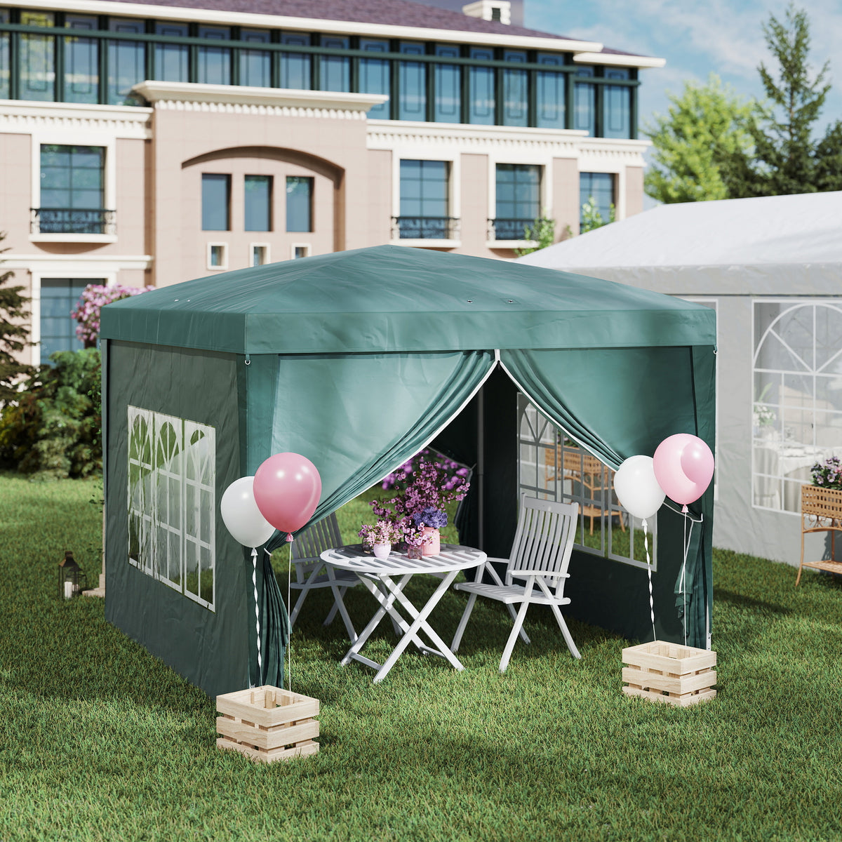 Pop-up-katos 3 x 3 m neljällä ikkunallisella sivuseinällä ja kantolaukulla, vihreä