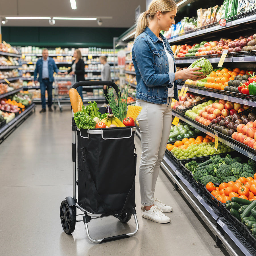 Ostoskärry 3-in-1 kylmälokerolla, 40 l irrotettava kassi, kokoontaitettava, 25 kg, musta