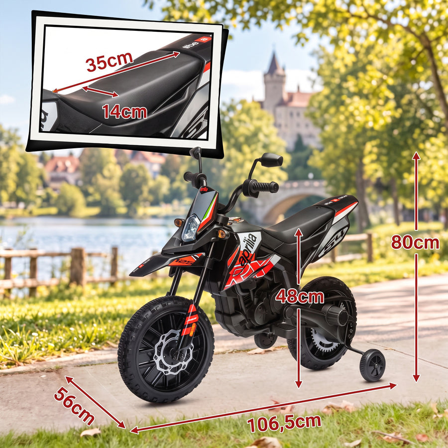 Lasten sähkömoottoripyörä Aprilia 12V, tukipyörät, iskunvaimentimet, USB, 3–8 v, punainen