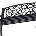 Metallinen puutarhapenkki Welcome-koristeella, 2-istuttava, 127 cm, musta