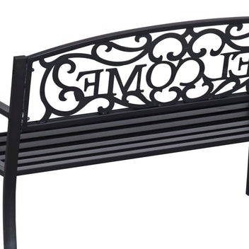 Metallinen puutarhapenkki Welcome-koristeella, 2-istuttava, 127 cm, musta