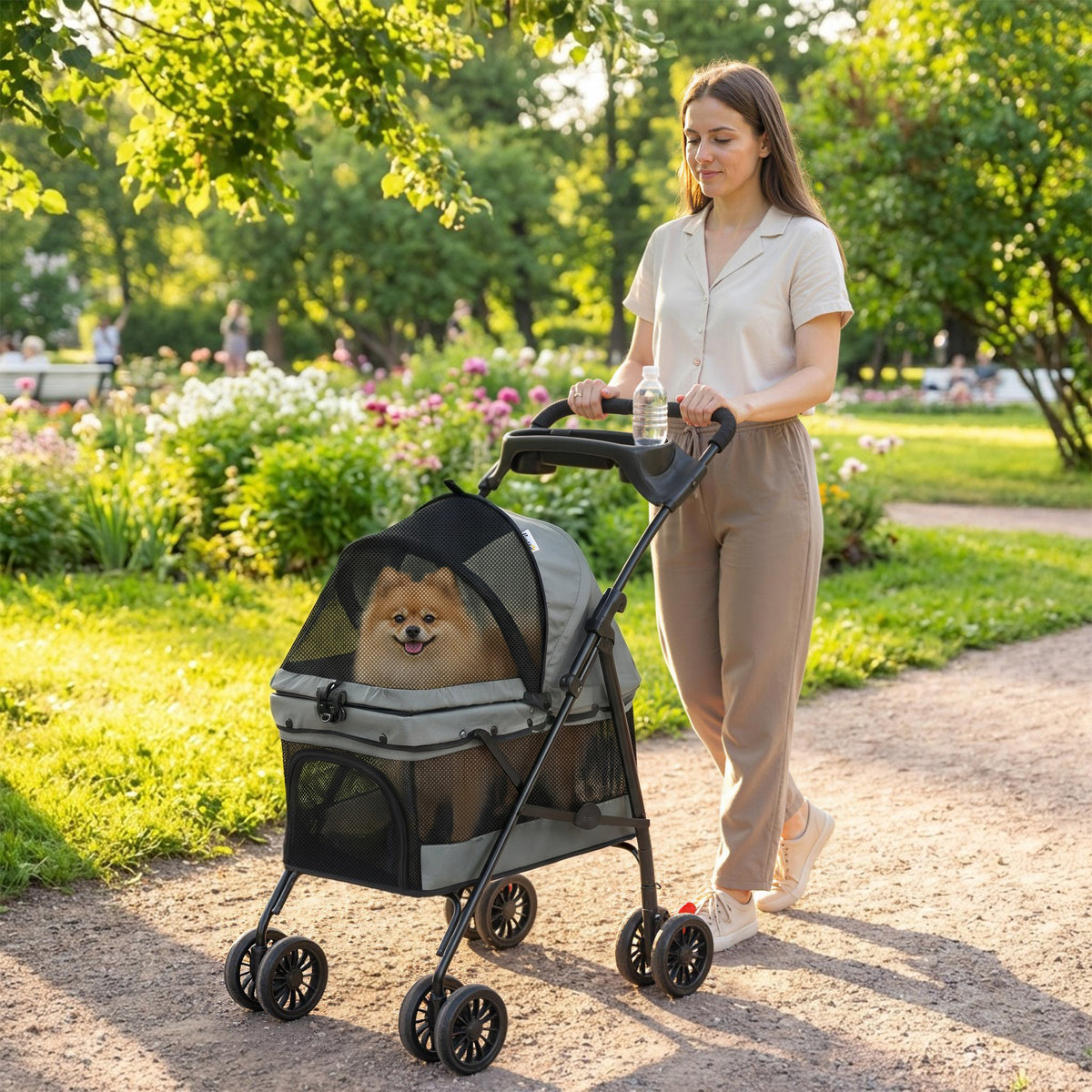 Koiran rattaat täysverkkokopalla, tyyny ja mukiteline, 360° pyörät, pienille koirille 10 kg asti, harmaa