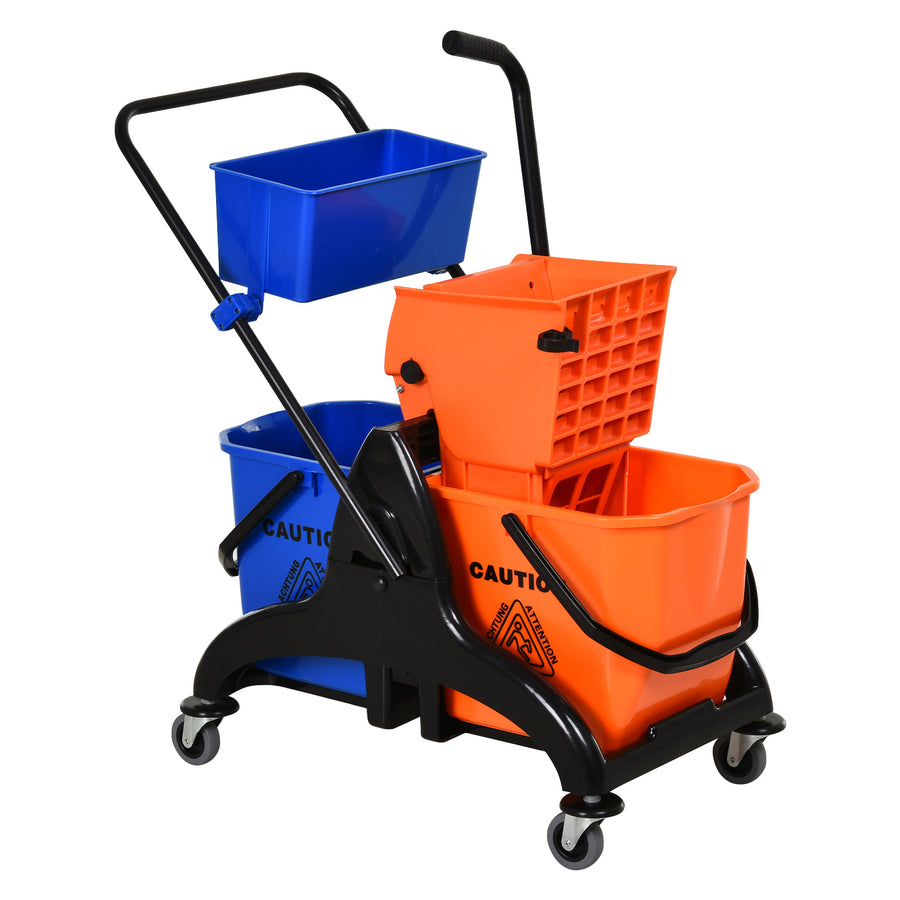 Moppivaunu 26 l puristimella, erilliset ämpärit puhtaalle ja likaiselle vedelle, pyörät, oranssi