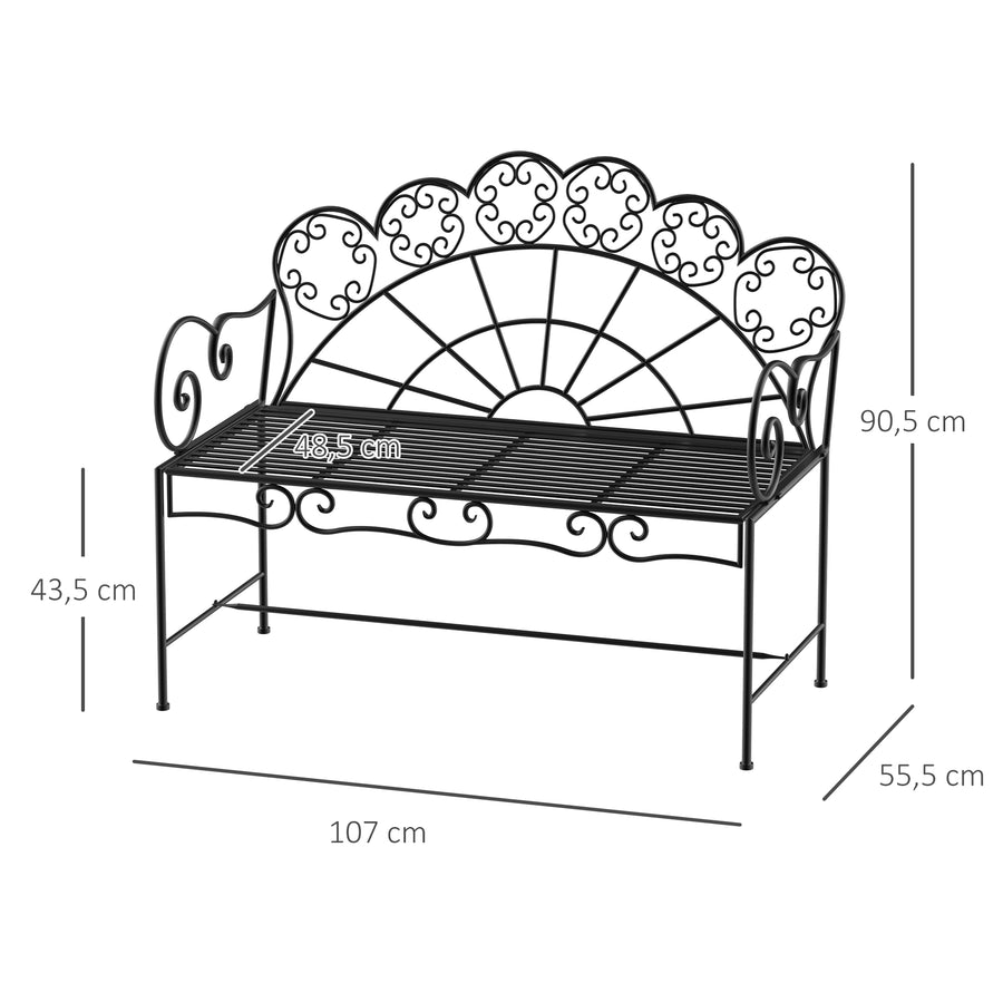 Metallinen puutarhapenkki, 2-istuttava, 107 cm, musta