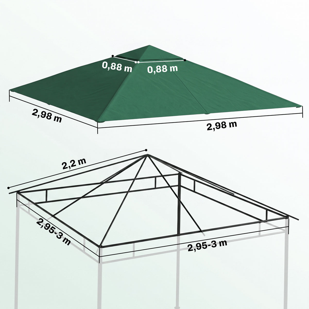 Varakatto paviljonkiin 2,98 x 2,98 m, tuuletettu yläkatto, vihreä
