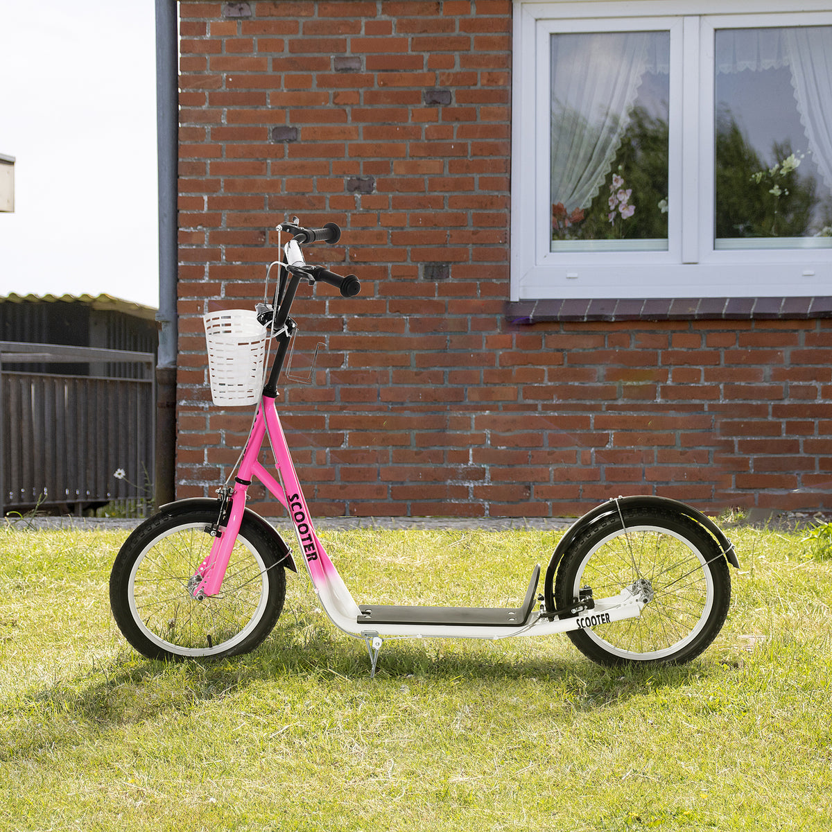 Lasten potkulauta korilla ja mukitelineellä, lokasuojat, kaksoisjarrut, 5–12 v, valkoinen/pinkki