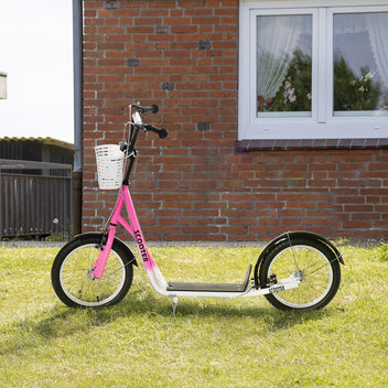 Lasten potkulauta korilla ja mukitelineellä, lokasuojat, kaksoisjarrut, 5–12 v, valkoinen/pinkki