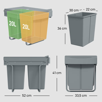 Ulosvedettävä lajitteluroskakori kaappiin 2 x 20 l, irrotettavat astiat, harmaa