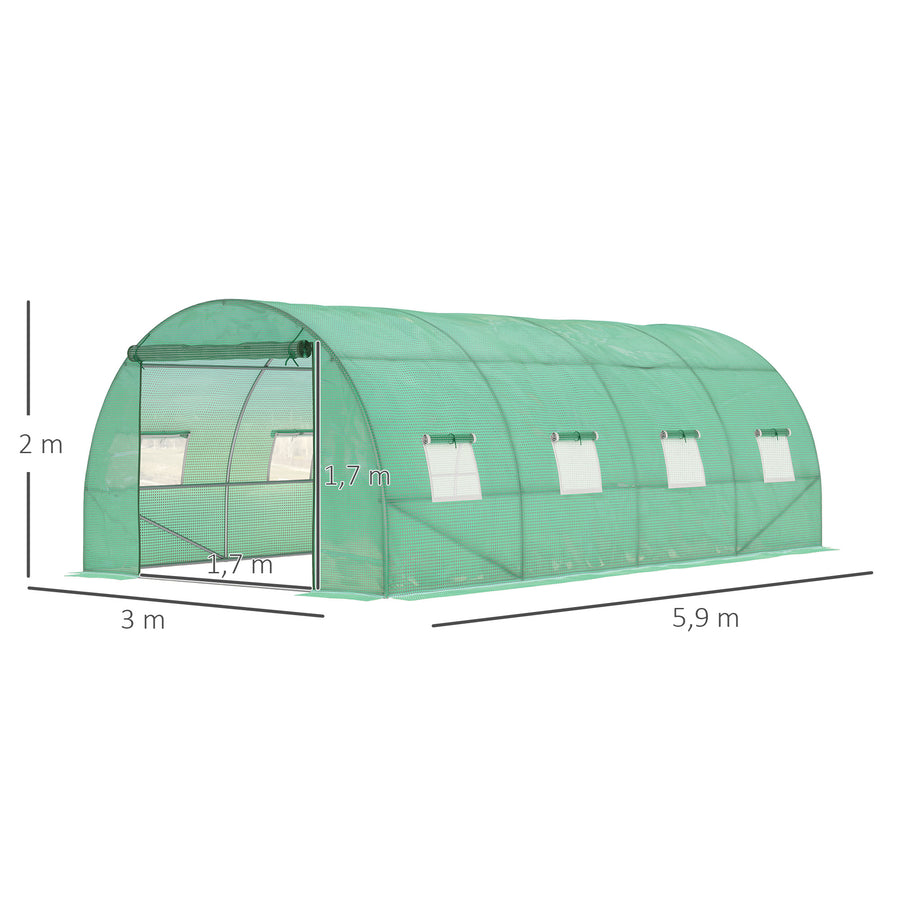 Iso tunnelikasvihuone rullaikkunoilla, 5,9 x 3 x 2 m, vihreä