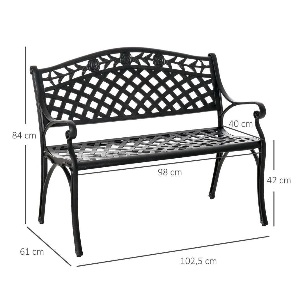 Alumiininen puutarhapenkki kukkakuvioinnilla, 2-istuttava, 102,5 cm, musta