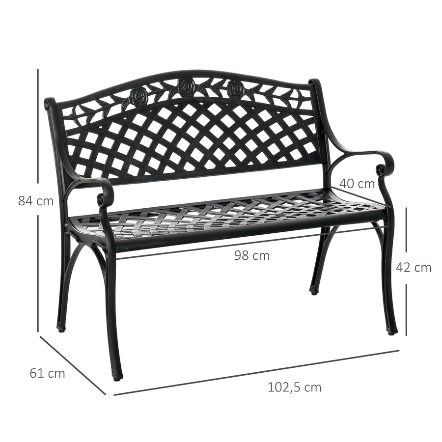 Alumiininen puutarhapenkki kukkakuvioinnilla, 2-istuttava, 102,5 cm, musta