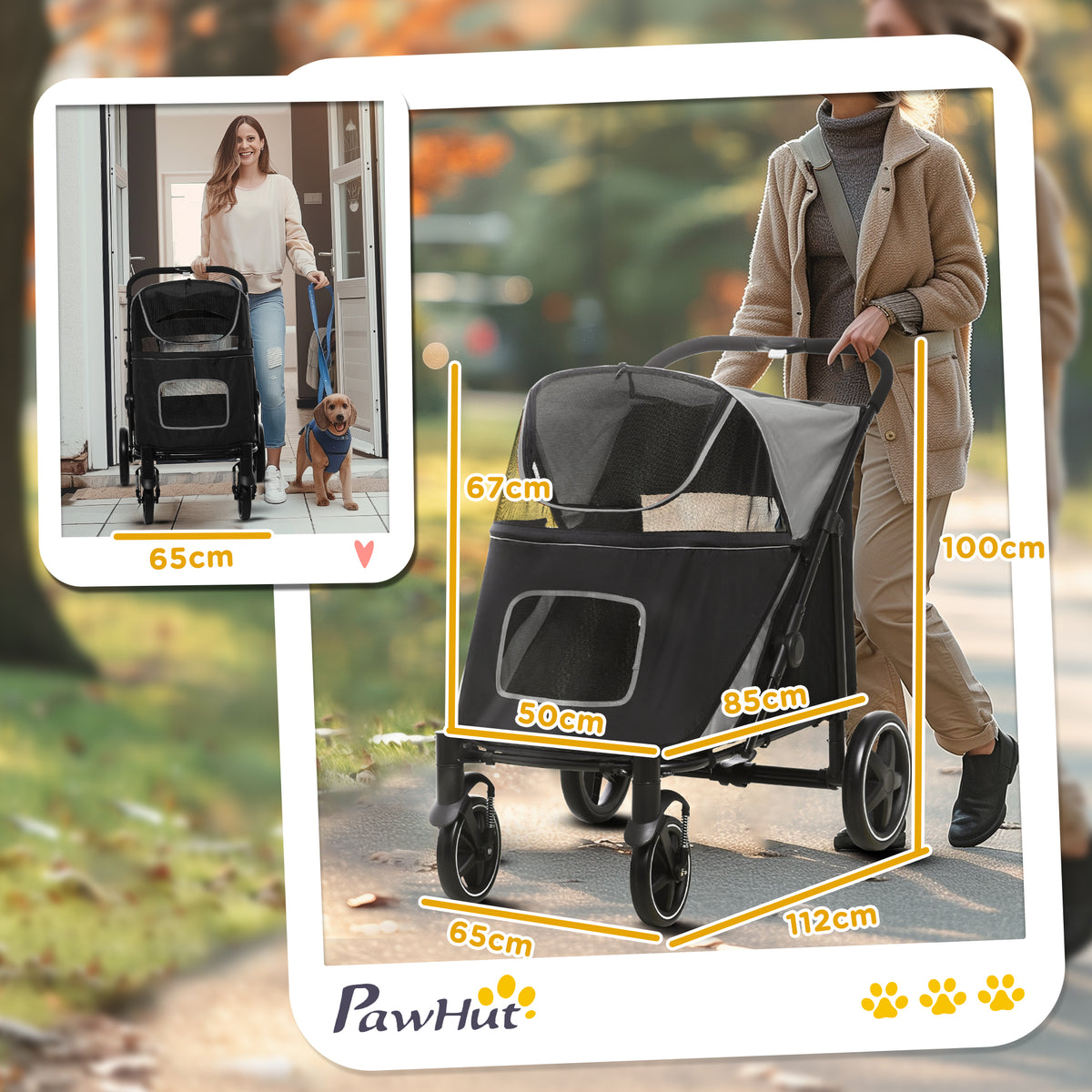 Koiran rattaat isoille koirille 30 kg asti, yhden painalluksen taitto, säilytystaskut, harmaa