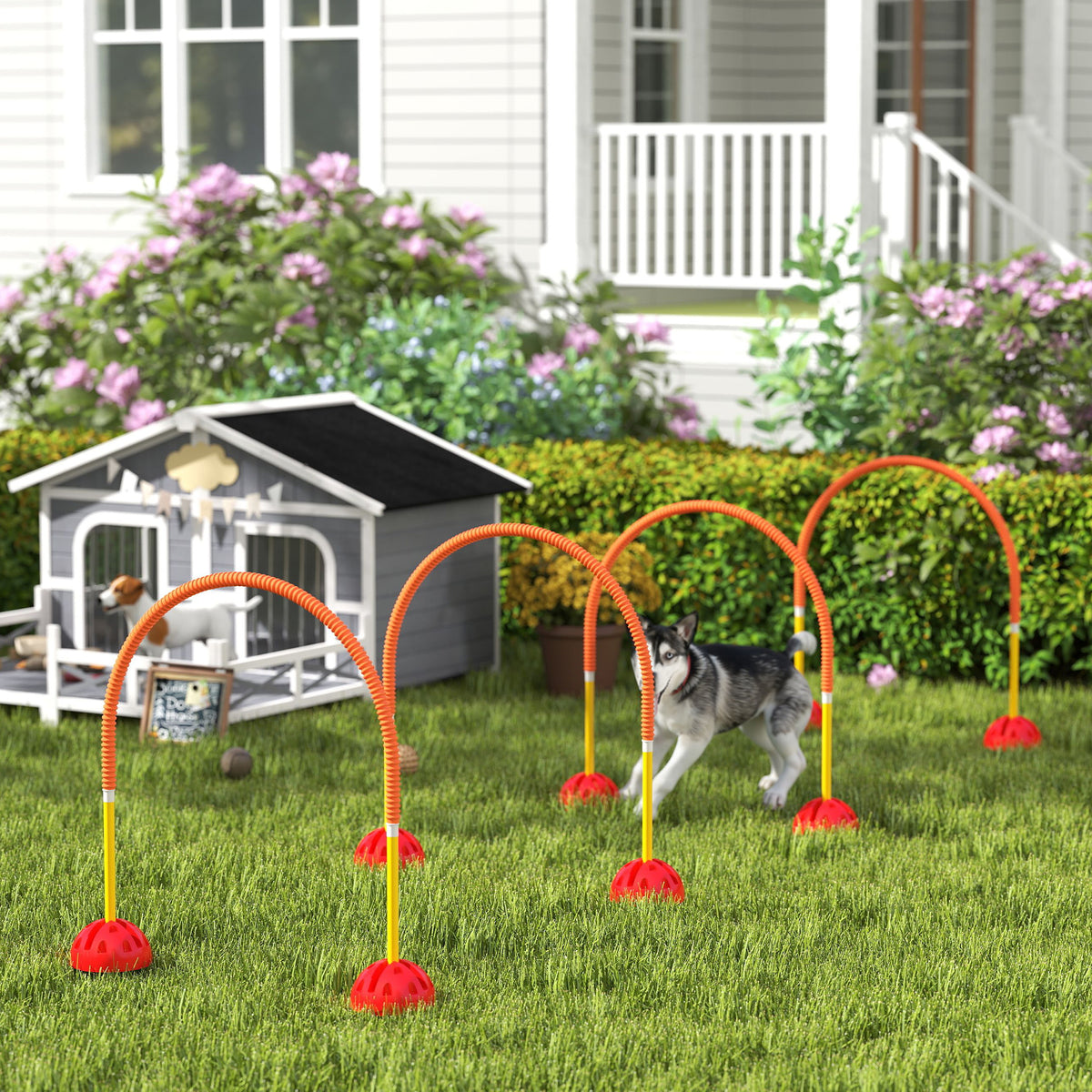 Koiran agility-portit 4 kpl, leveys säädettävä 95–114 cm, täytettävät jalustat, keltainen/oranssi