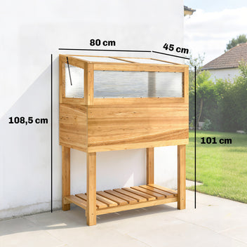 Korotettu kasvatuslaatikko polykarbonaattikannella ja alahyllyllä, 80 x 45 x 108,5 cm