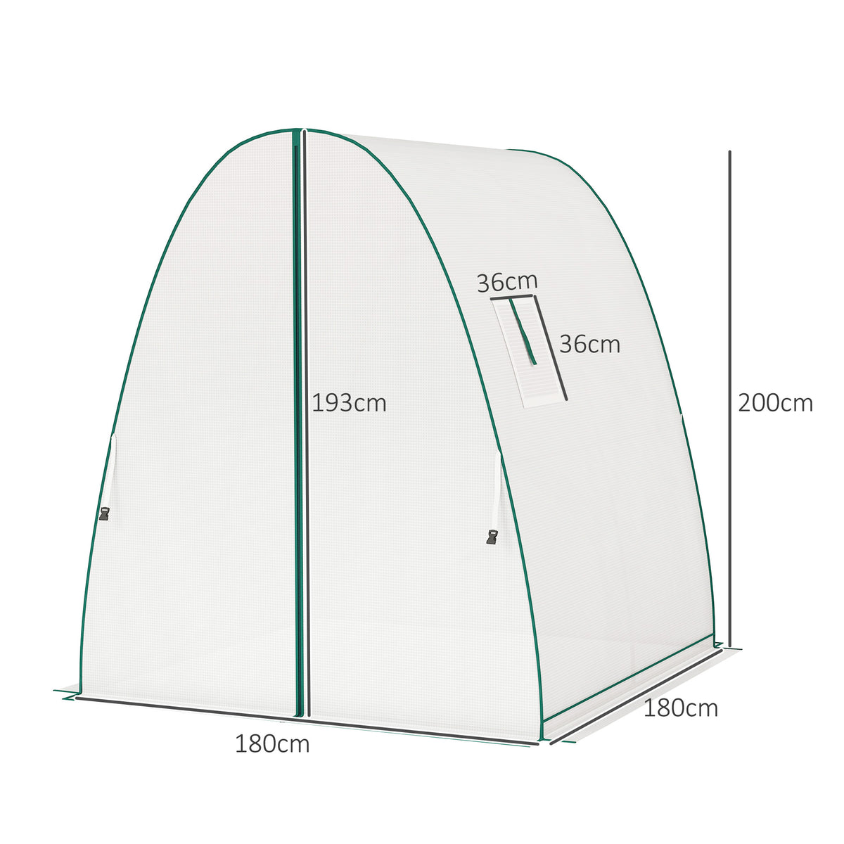 Goottilaiskaarinen kasvihuone hiekkasäkeillä ja kahdella rullaovella, 1,8 x 1,8 x 2 m, valkoinen