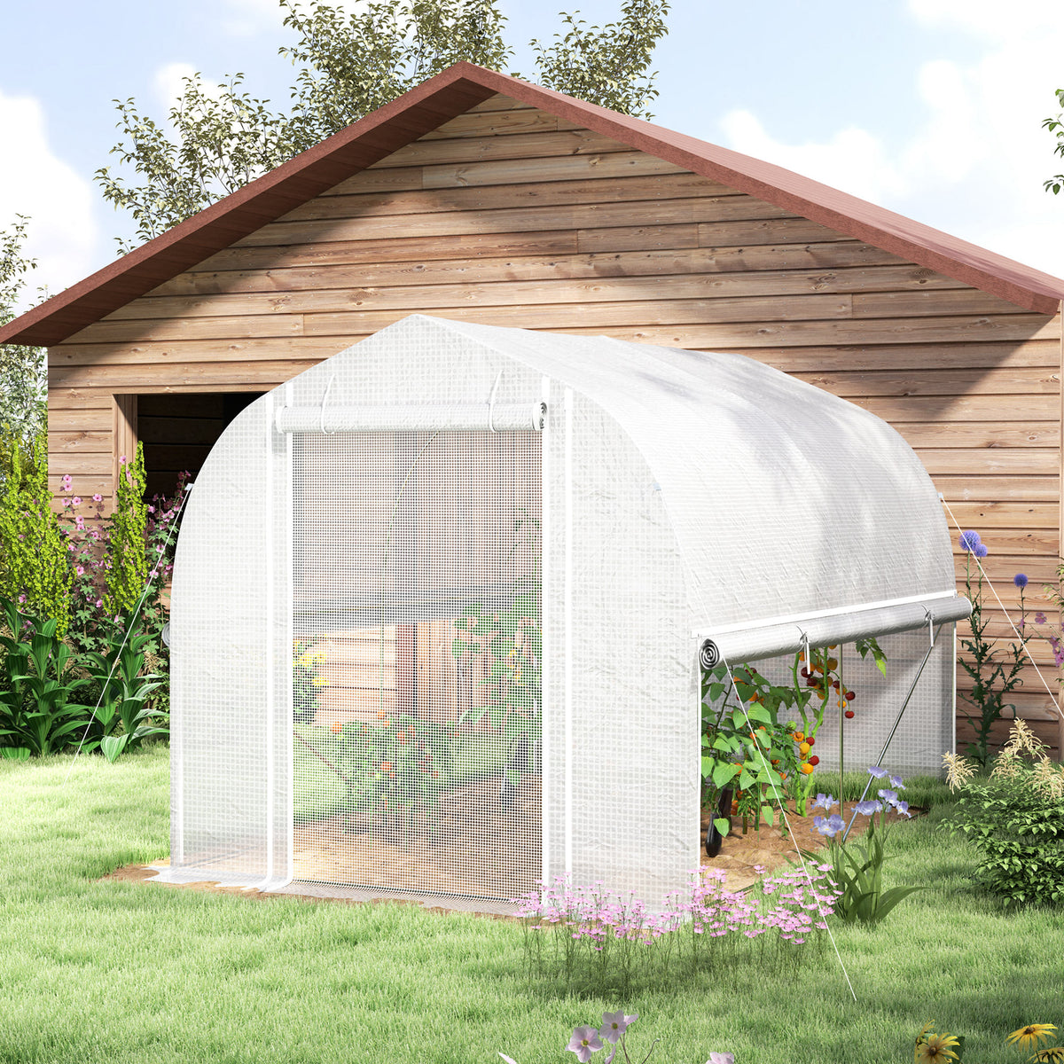 Tunnelikasvihuone rullattavilla sivuilla ja verkko-ovella, 3 x 2 x 2 m, valkoinen