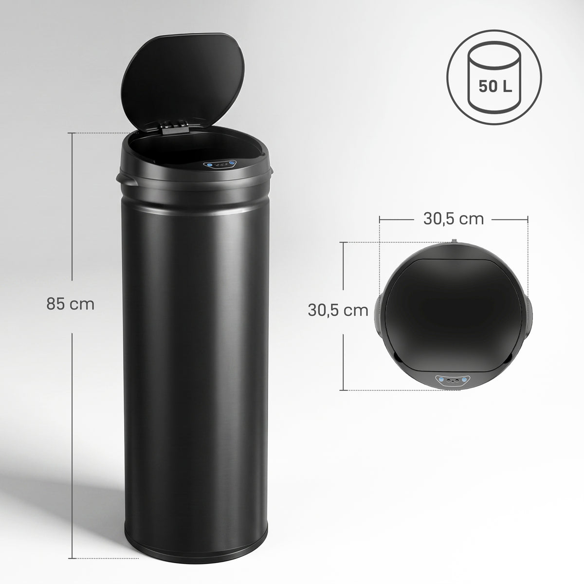 Sensoriroskakori 50 l, pehmeä sulkeutuminen, ei sisäastiaa, ruostumaton teräs, musta
