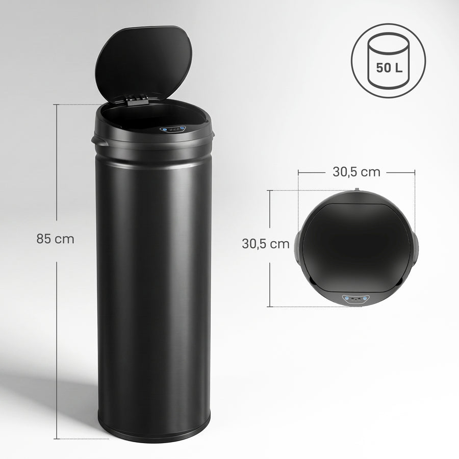 Sensoriroskakori 50 l, pehmeä sulkeutuminen, ei sisäastiaa, ruostumaton teräs, musta