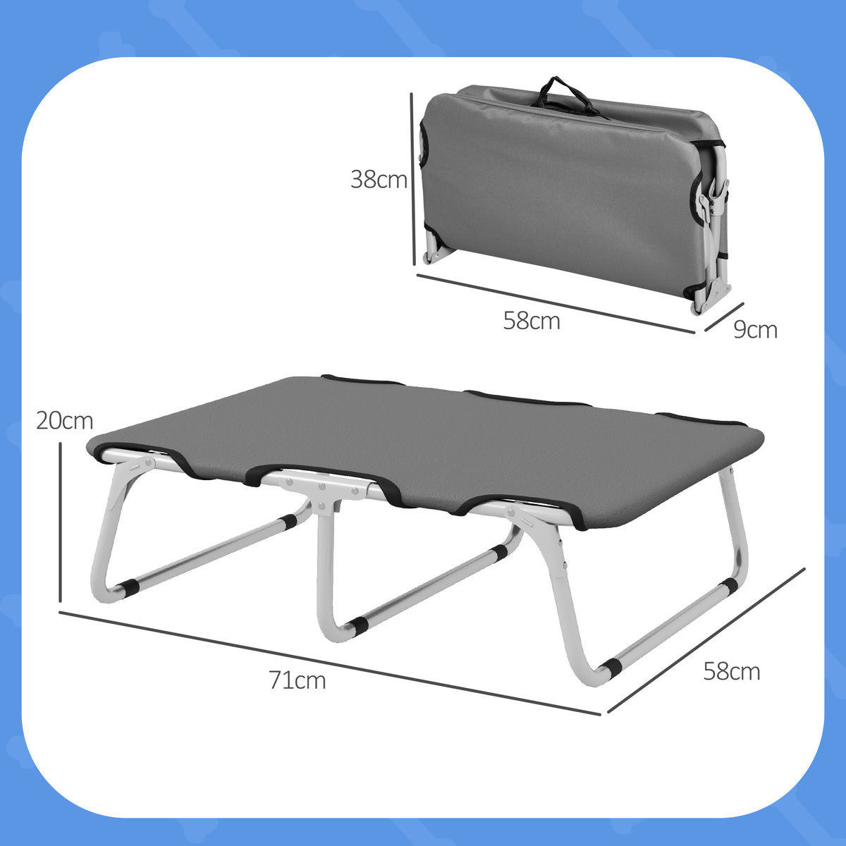 Koiran kenttäpeti kokoontaitettava, teräsrunko ja 600D Oxford, 10 kg asti, 71 x 58 x 20 cm, harmaa